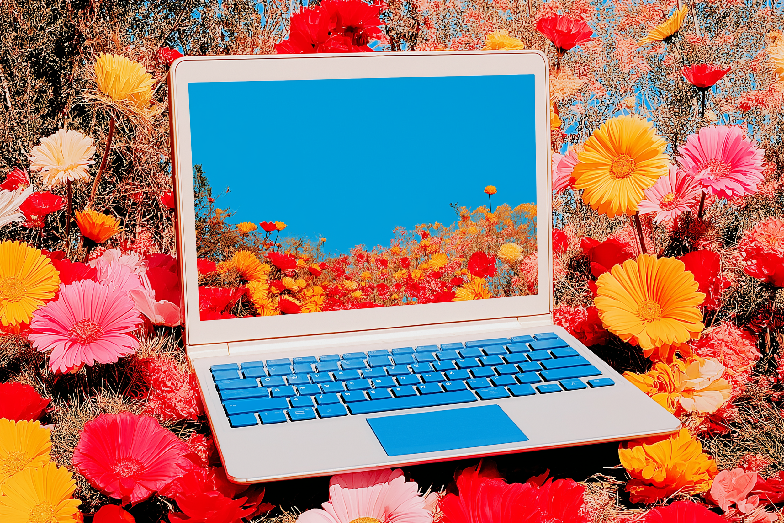 Laptop in a field of flowers, representing AI that works in the background