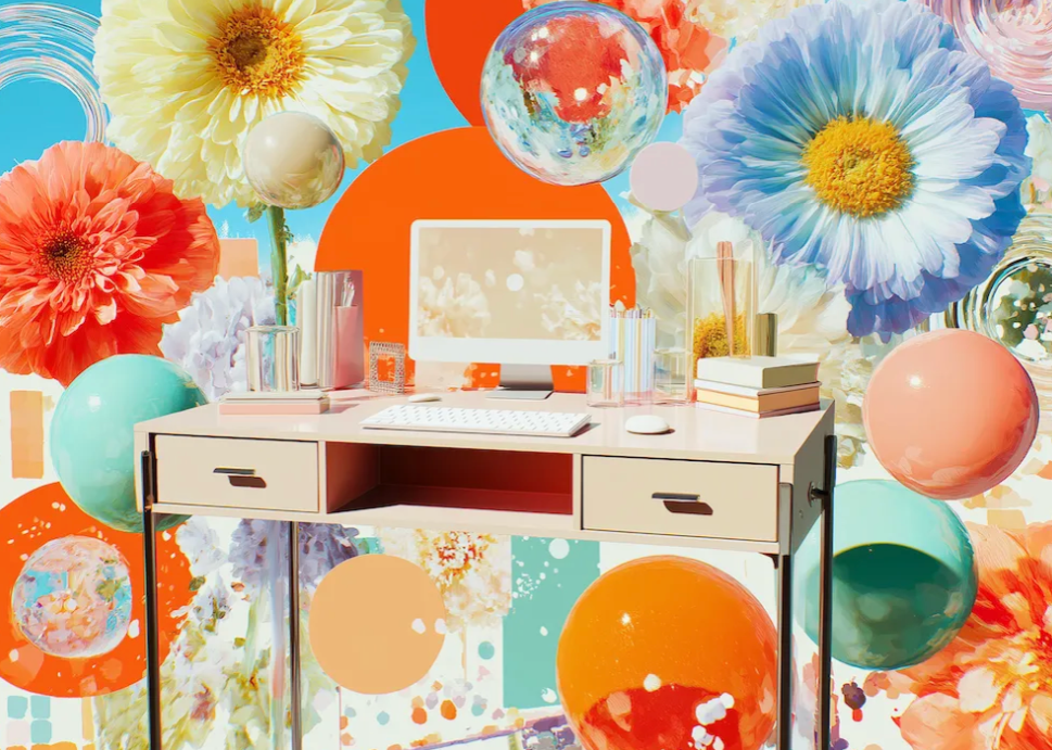 Colourful desk collage representing an AI operating system for daily work