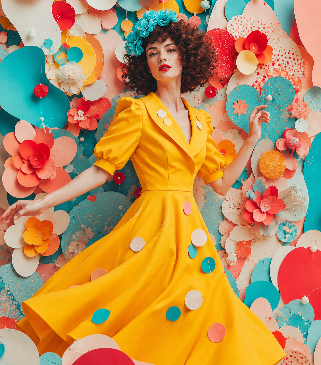Woman in yellow surrounded by paper flowers, illustrating the 90 minute AI masterclass outcome