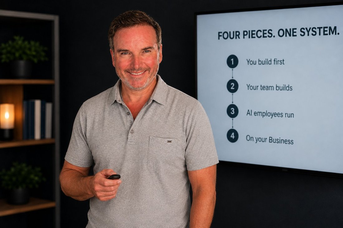 Chris presenting the four-piece system: you build first, your team builds, AI employees run, on your business