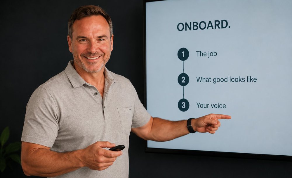 Chris presenting the onboarding model: the job, what good looks like, your voice