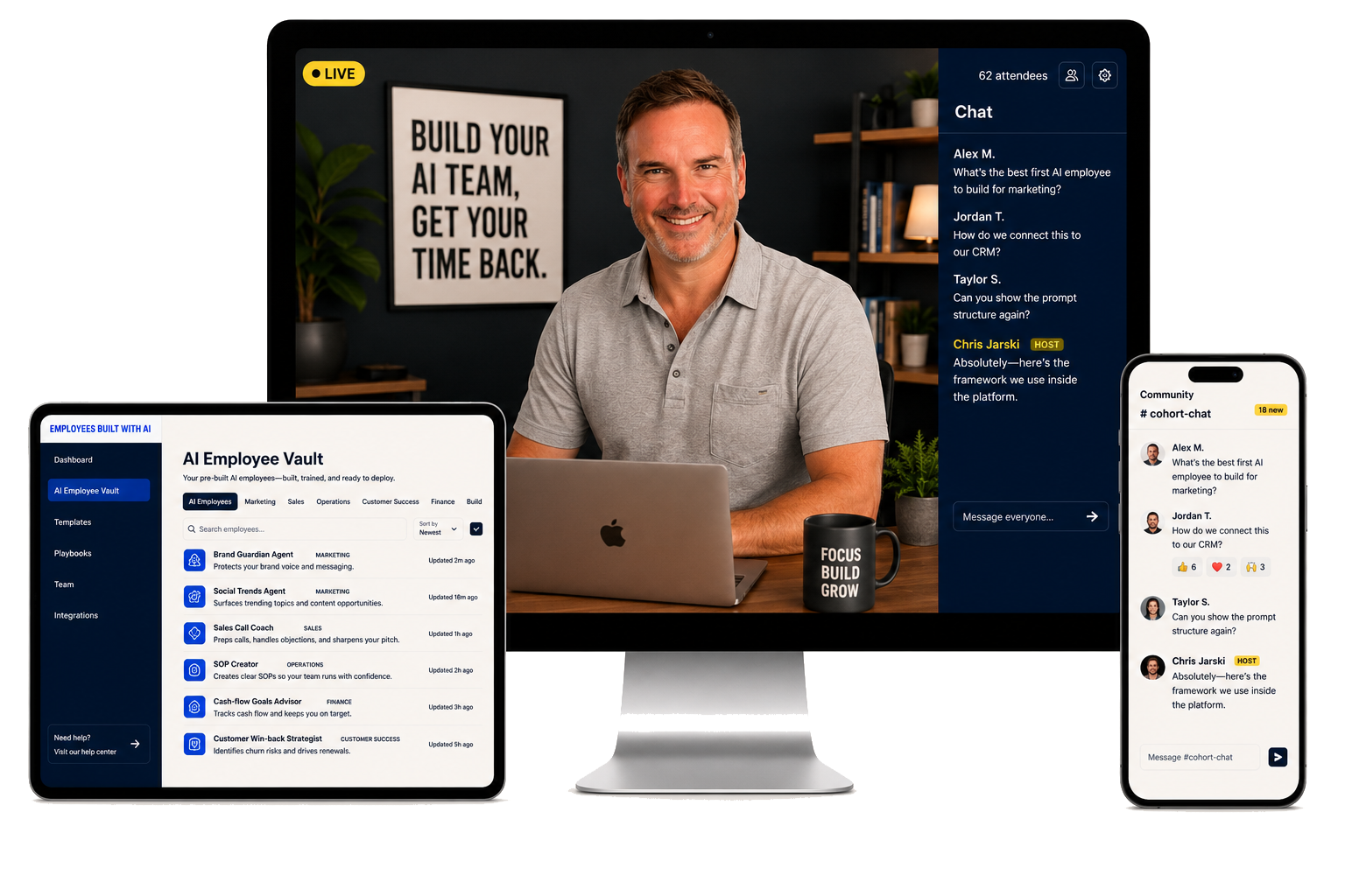 The Employees Built with AI platform on three devices: a live cohort session, the AI Employee Vault of built employees, and the community chat