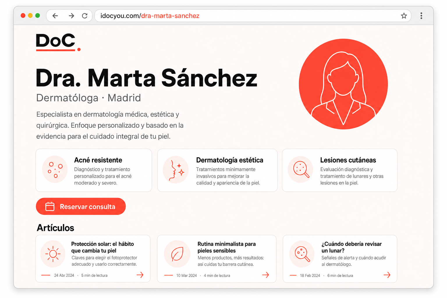 Mockup ejemplo de iDocYOU: idocyou.com/dra-marta-sanchez, perfil de la Dra. Marta Sánchez, dermatóloga en Madrid