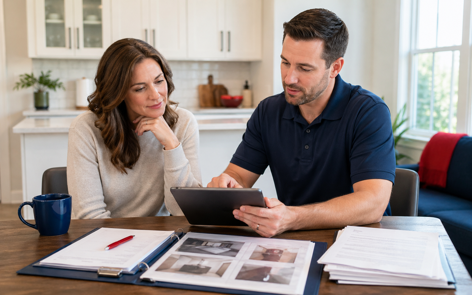 Restoration professional reviewing insurance documents with a homeowner