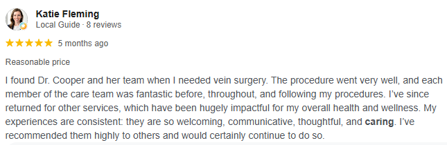 Five-star Google review for Akribis Veins and Vitality