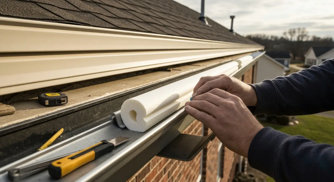 Foam gutter insert being installed