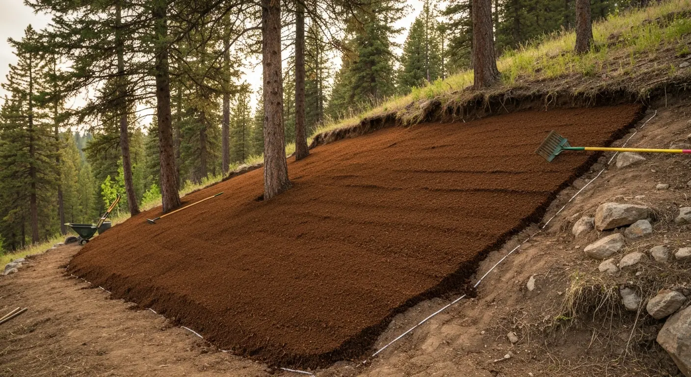 Slope mulching preventing erosion on hillside