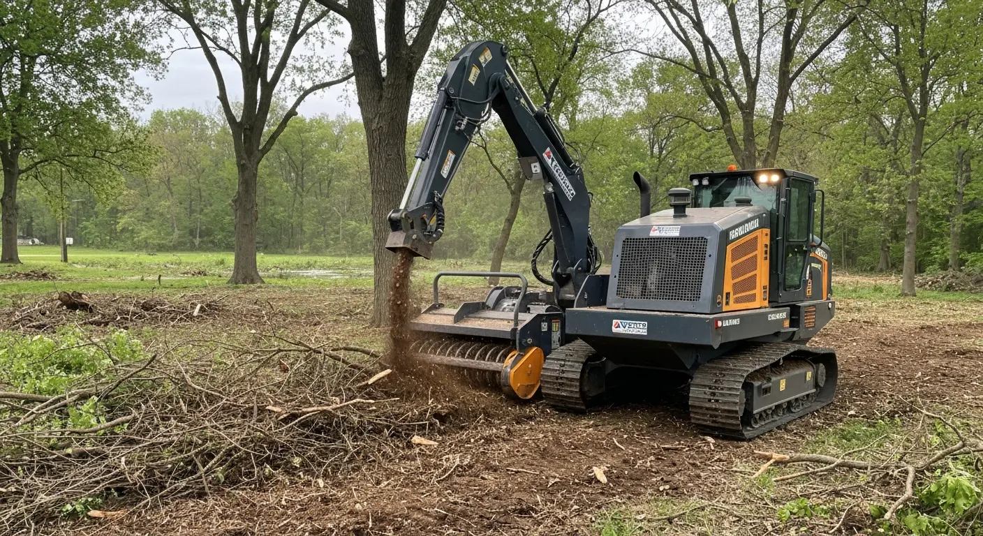 Forestry mulching equipment working on overgrown lot