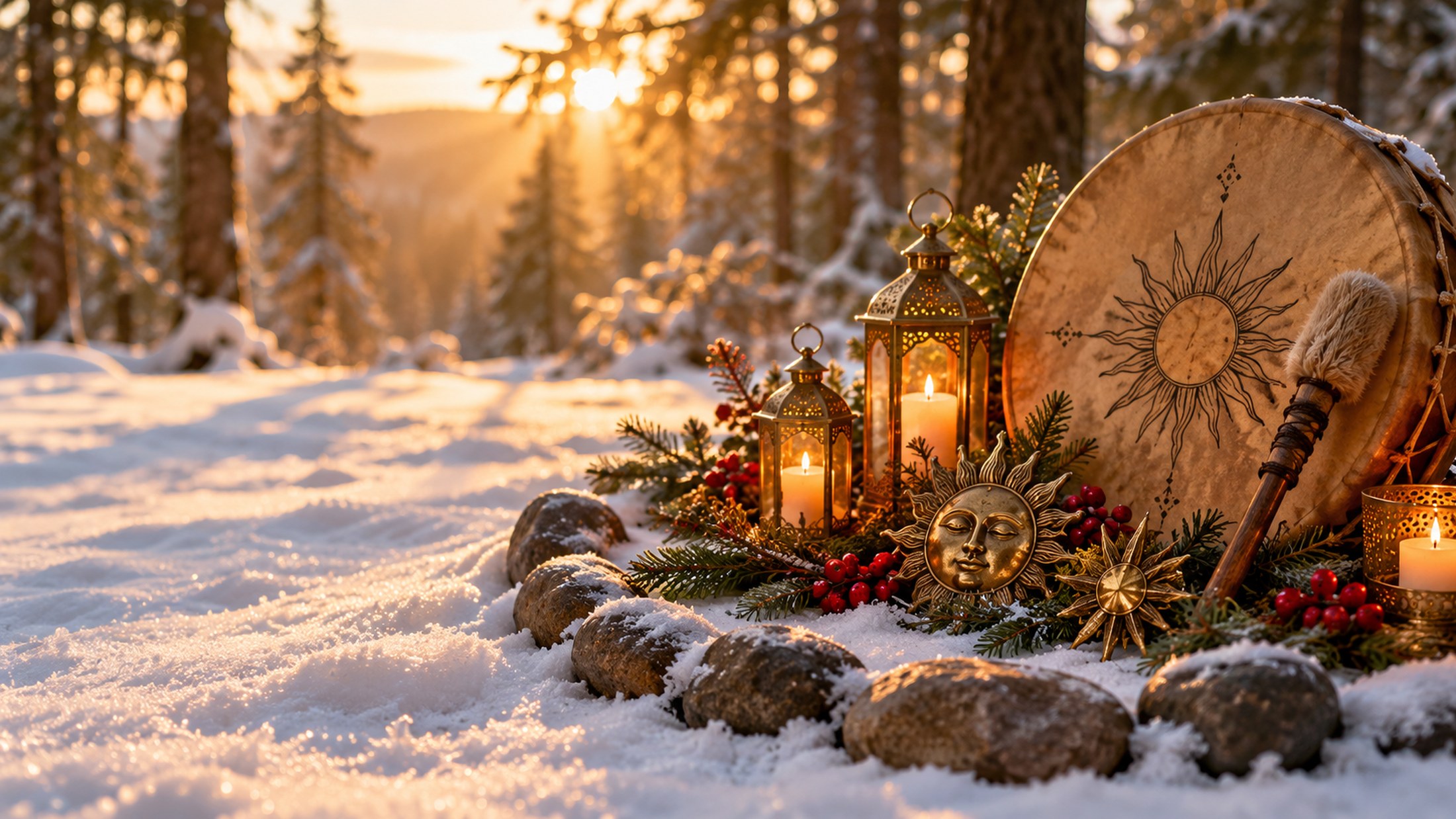 Golden winter light in a snowy spruce forest, with a painted sun drum, candle lanterns and a stone circle
