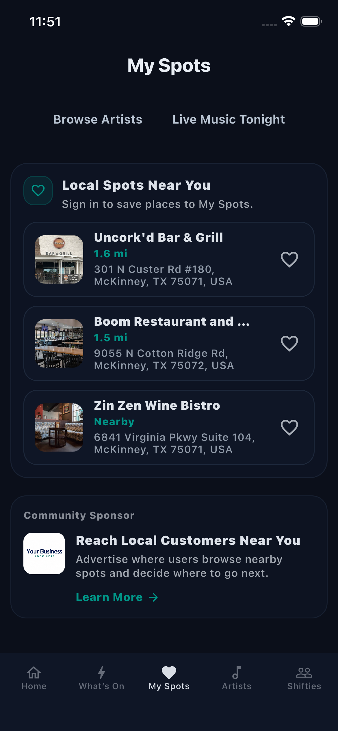 My Spots sponsor placement screenshot