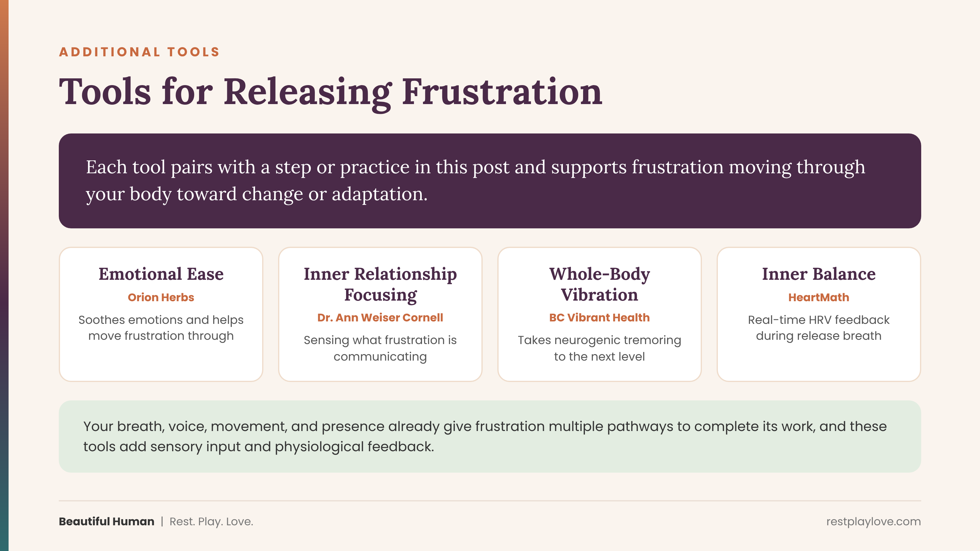 Tools for releasing frustration: Emotional Ease, Inner Relationship Focusing, whole-body vibration, and HeartMath Inner Balance Tools for releasing frustration: Emotional Ease, Inner Relationship Focusing, whole-body vibration, and HeartMath Inner Balance