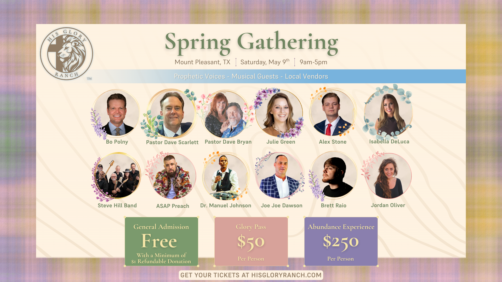 His Glory Ranch Event - Speakers and Ticket Tiers