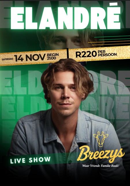 Poster: Elandré live at Breezy's, Paarl, Saturday 14 November 2026, 21:00, from R220 per person