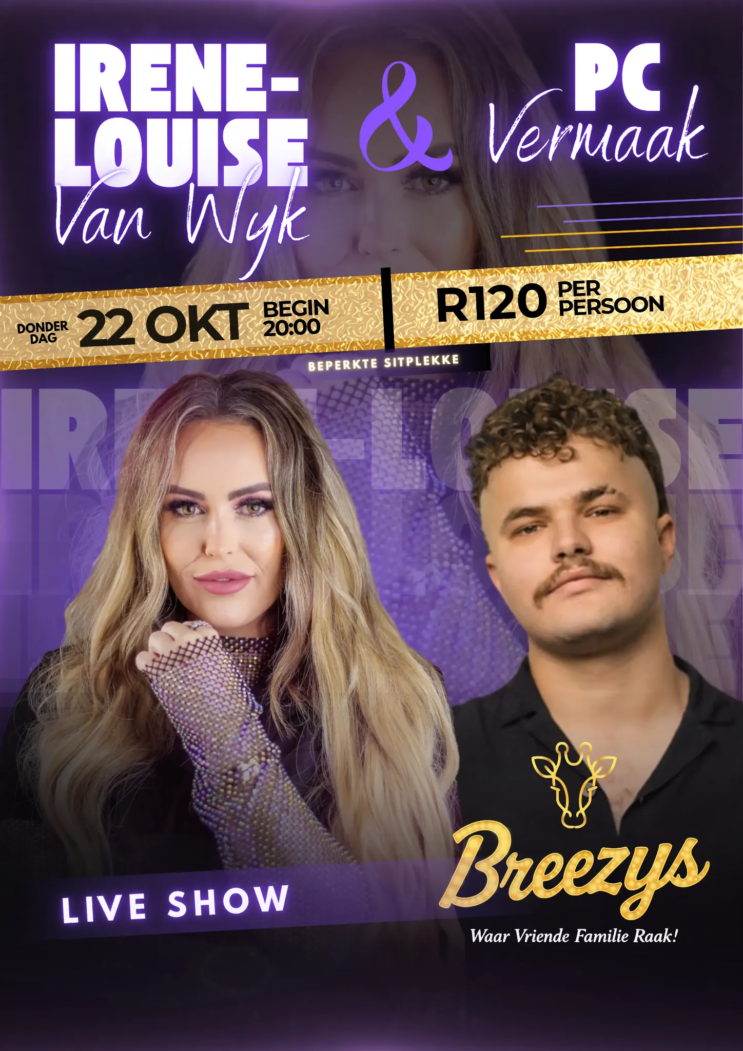 Poster: Irene-Louise van Wyk and PC Vermaak live at Breezy's, Paarl, Thursday 22 October 2026, 20:00, from R120 per person