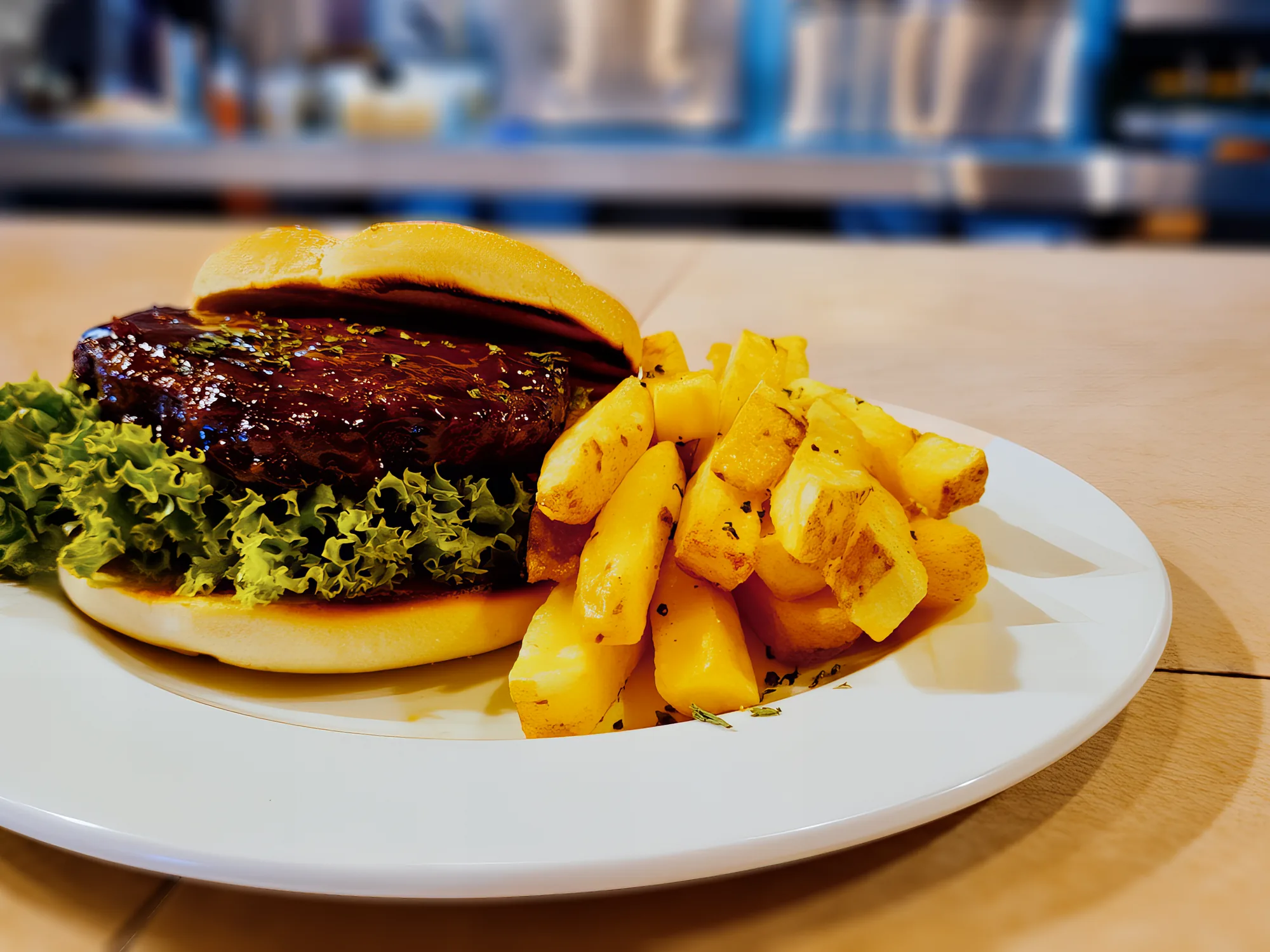 Burger and chips at Breezy's
