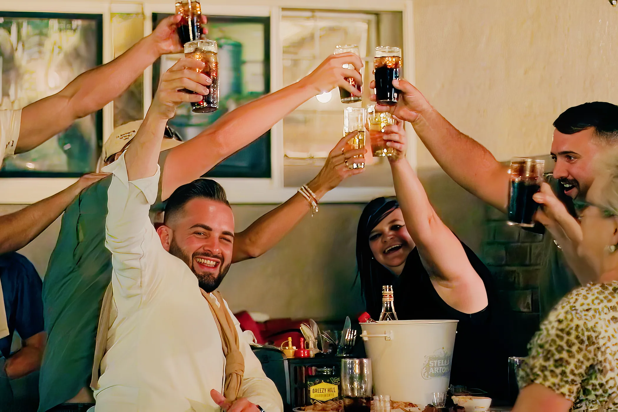 Group of friends toasting at a function at Breezy's
