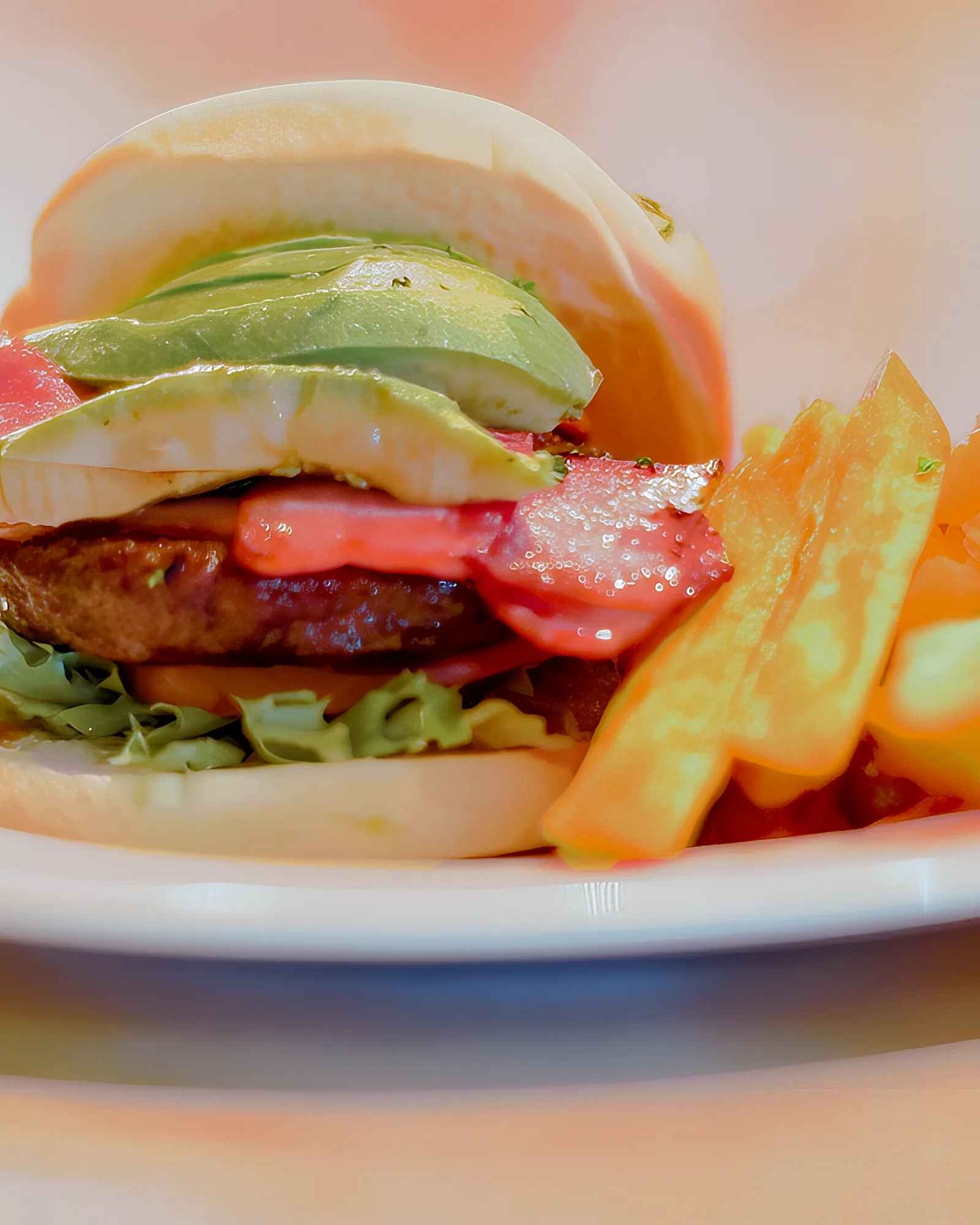 Burger with bacon, avo and chips at Breezy's