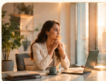 Founder at her desk, looking out of a window