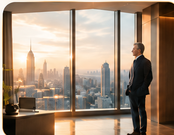 Senior professional looking out over a city skyline at sunset