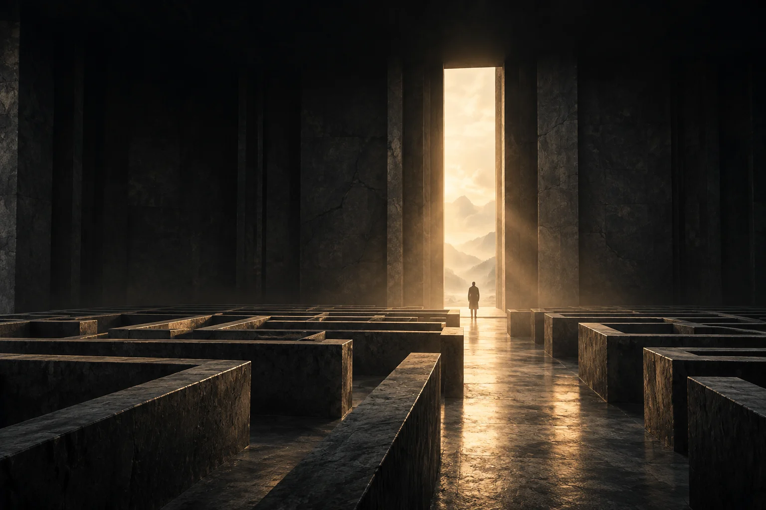 A figure at a golden doorway beyond a dark stone labyrinth