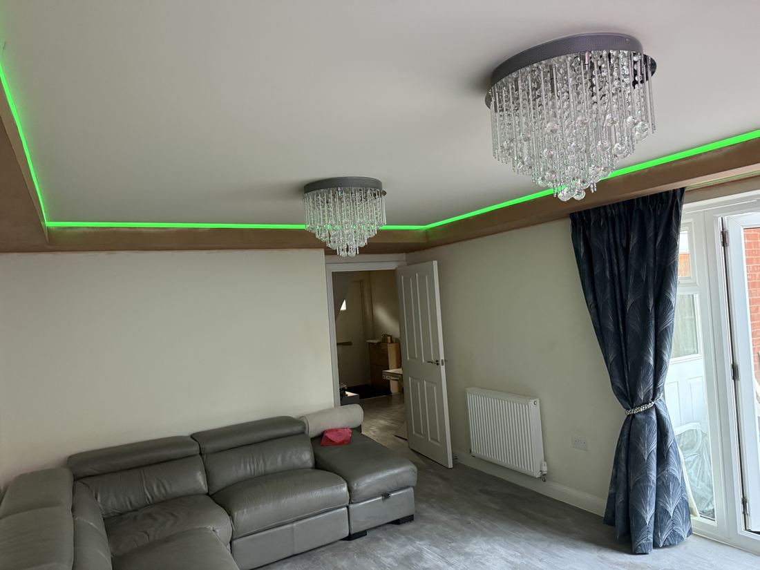 Feature ceiling with green LED strip lighting