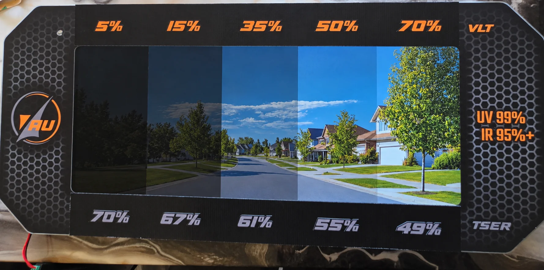 Window tint shade comparison from 5% to 70% VLT over the same street scene, with total solar energy rejection for each
