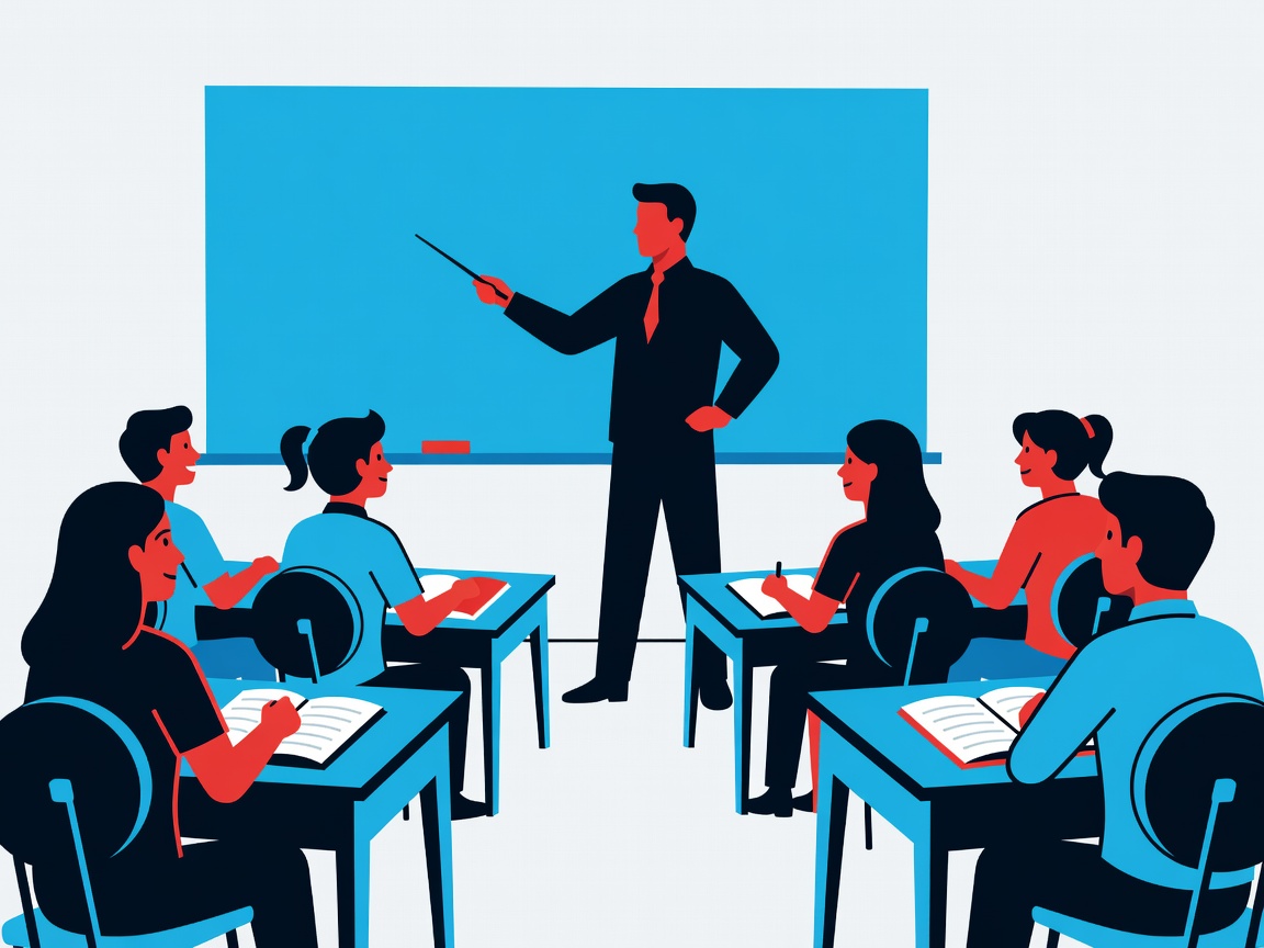 Teacher pointing to a whiteboard in a classroom with students attentively taking notes.