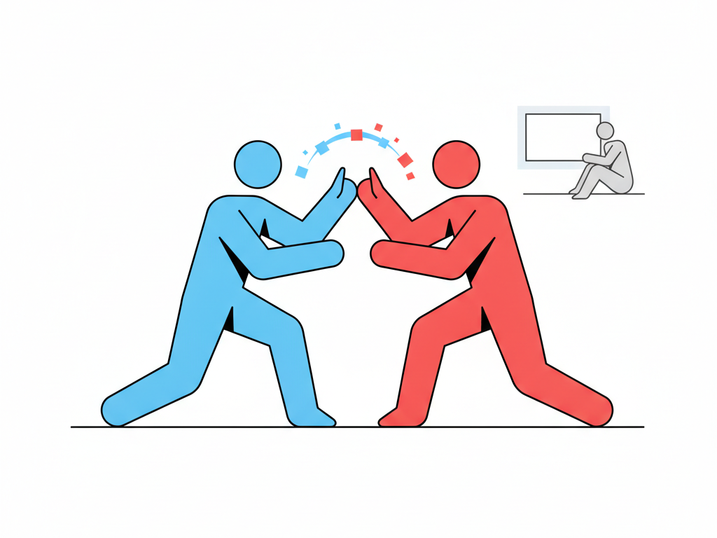 Stylized illustration of two figures in active paired practice facing each other mid-gesture, contrasted with a faded passive figure watching a screen alone, representing active rehearsal versus passive viewing