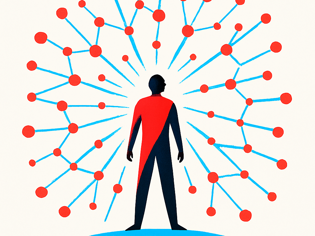 A stylized figure standing at the center of an expanding radial network of glowing connecting lines and nodes, representing a sensitive period of heightened neural plasticity