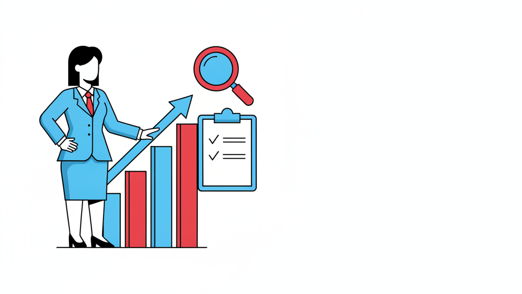 A stylized school administrator figure standing beside an upward-trending bar chart with a checklist and magnifying glass, representing measuring soft skills program outcomes