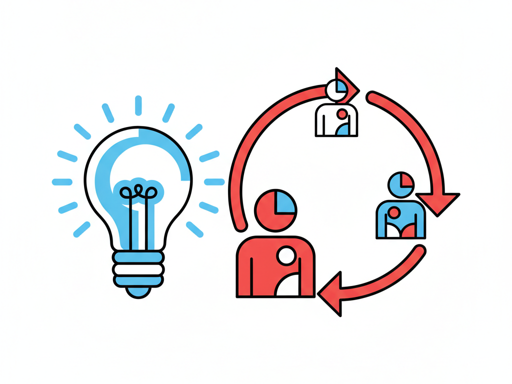 An abstract illustration of a single lightbulb moment next to a repeating sequence of practice cycles building into a stronger, brighter result