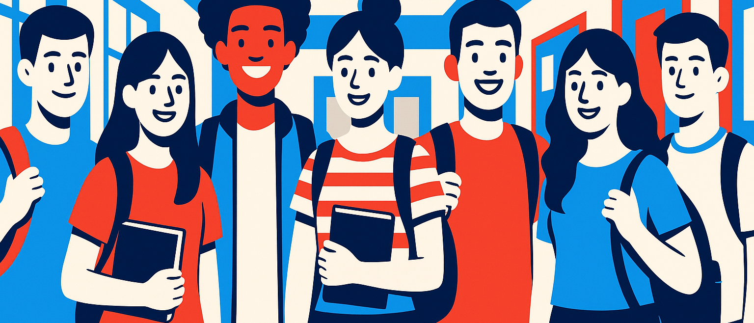A diverse group of high school students standing together in a bright school hallway