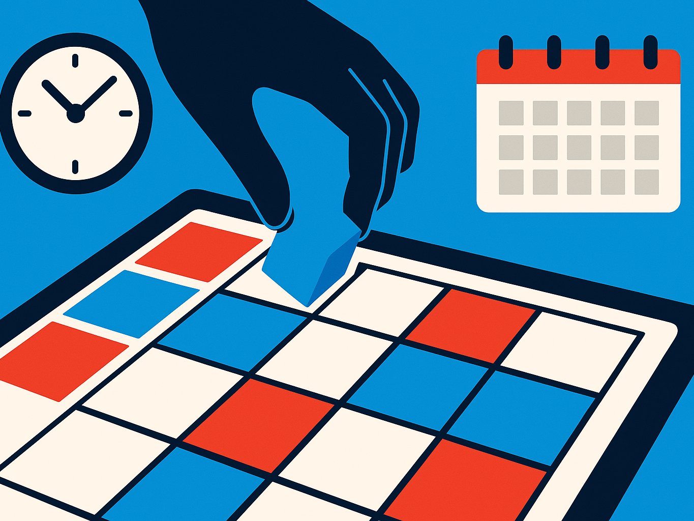 A hand placing a blue block into a master schedule grid