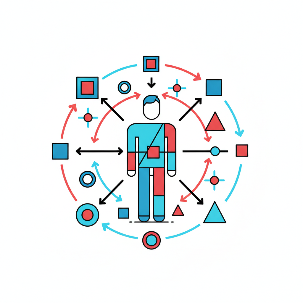 A stylized figure coaching a second smaller figure through a sequence of geometric practice stations, representing structured facilitator training rather than a one-time program handoff