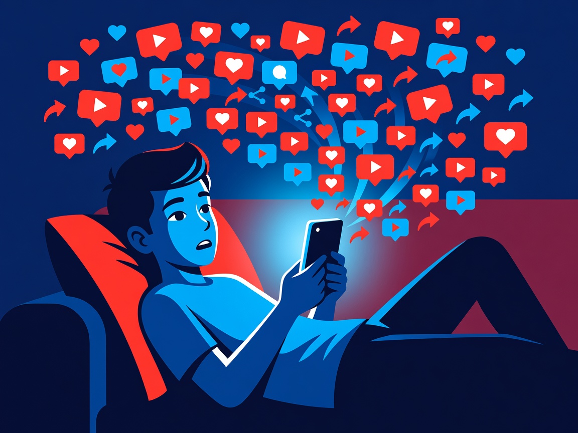 Teenager lying on a couch scrolling through short-form video content on a smartphone.