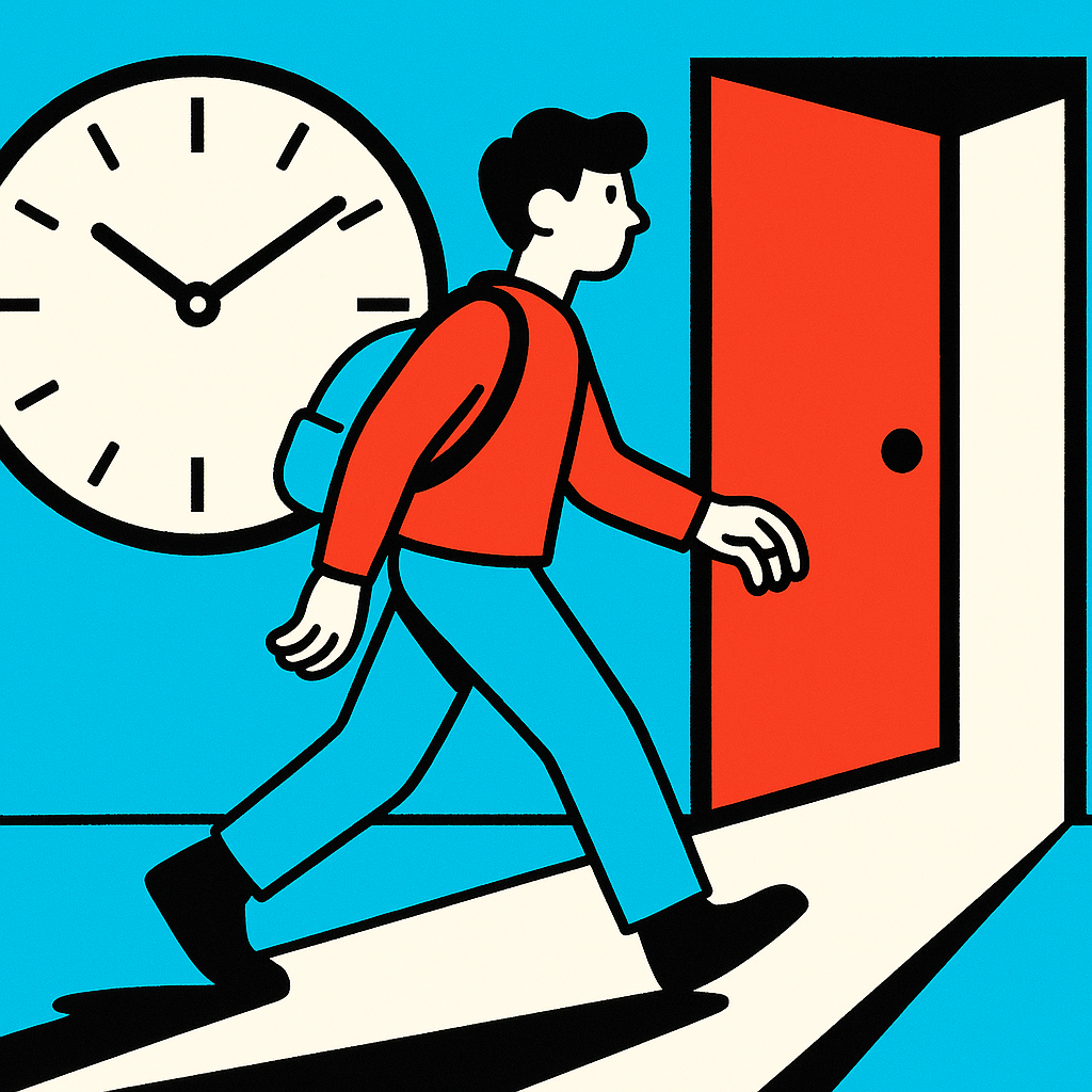 Illustration of a stylized teenage figure checking a clock while walking toward a doorway, symbolizing punctuality and showing up prepared for work