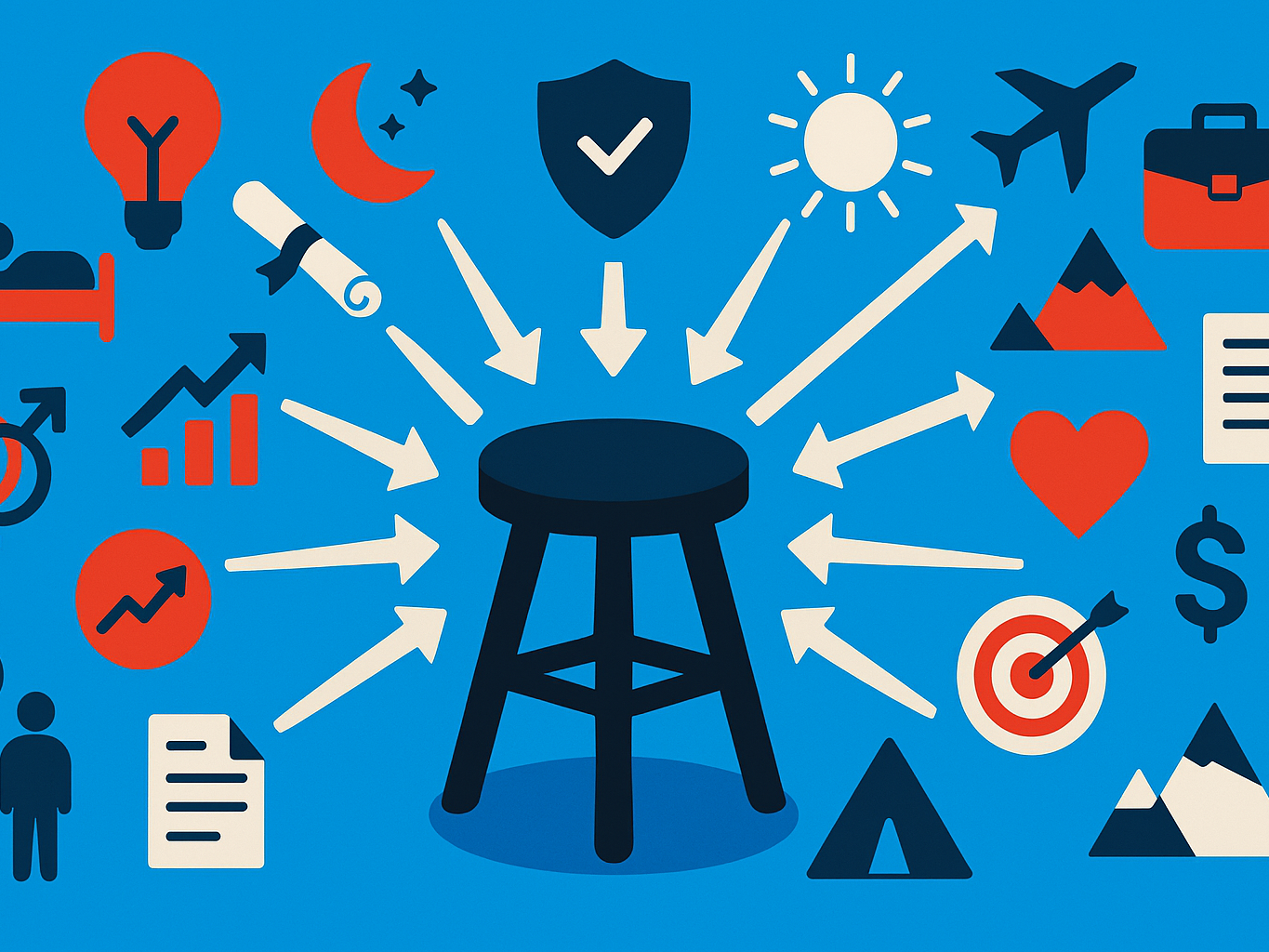 Many different dream icons all point toward the same three-legged stool.