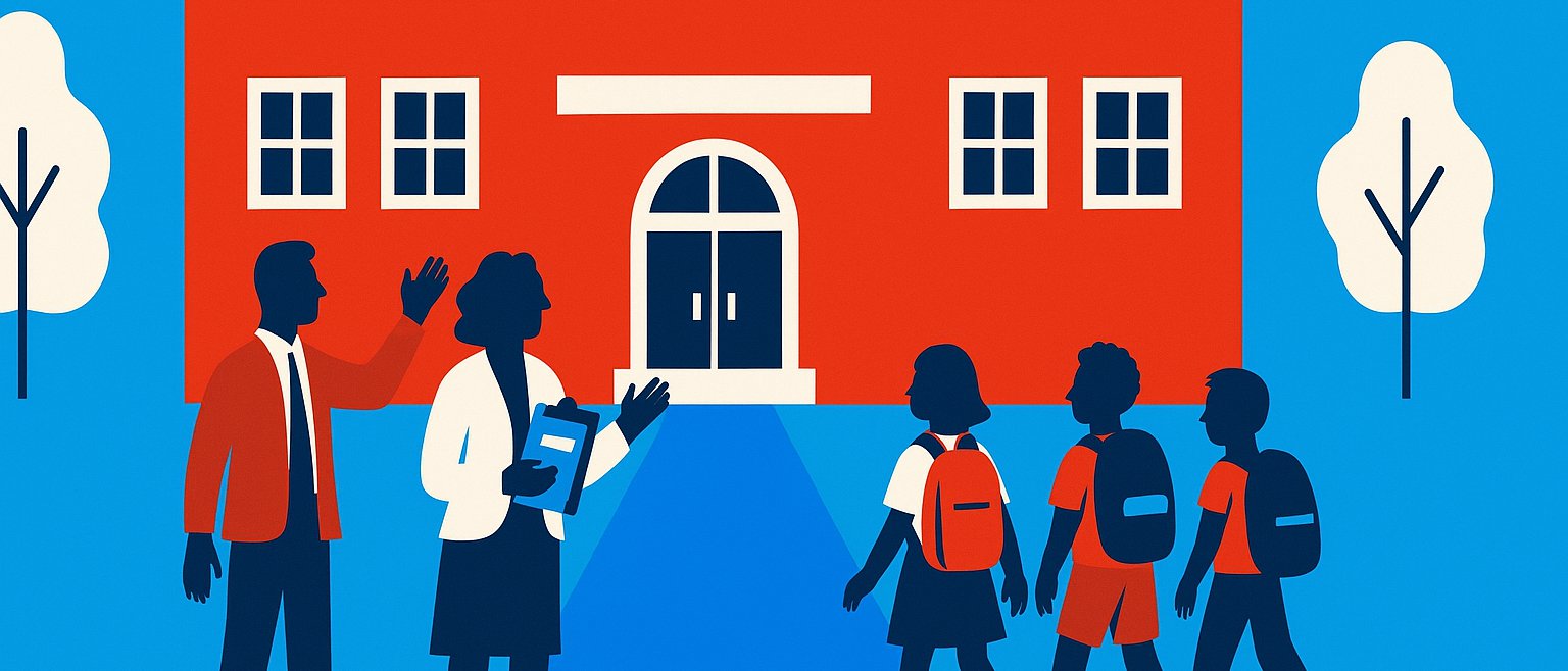 A teacher and a counselor welcome students at the door of a school along a blue path.