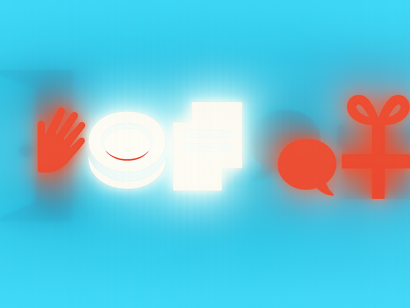 Five icons showing a greeting, a chore, a note, a conversation, and a gift