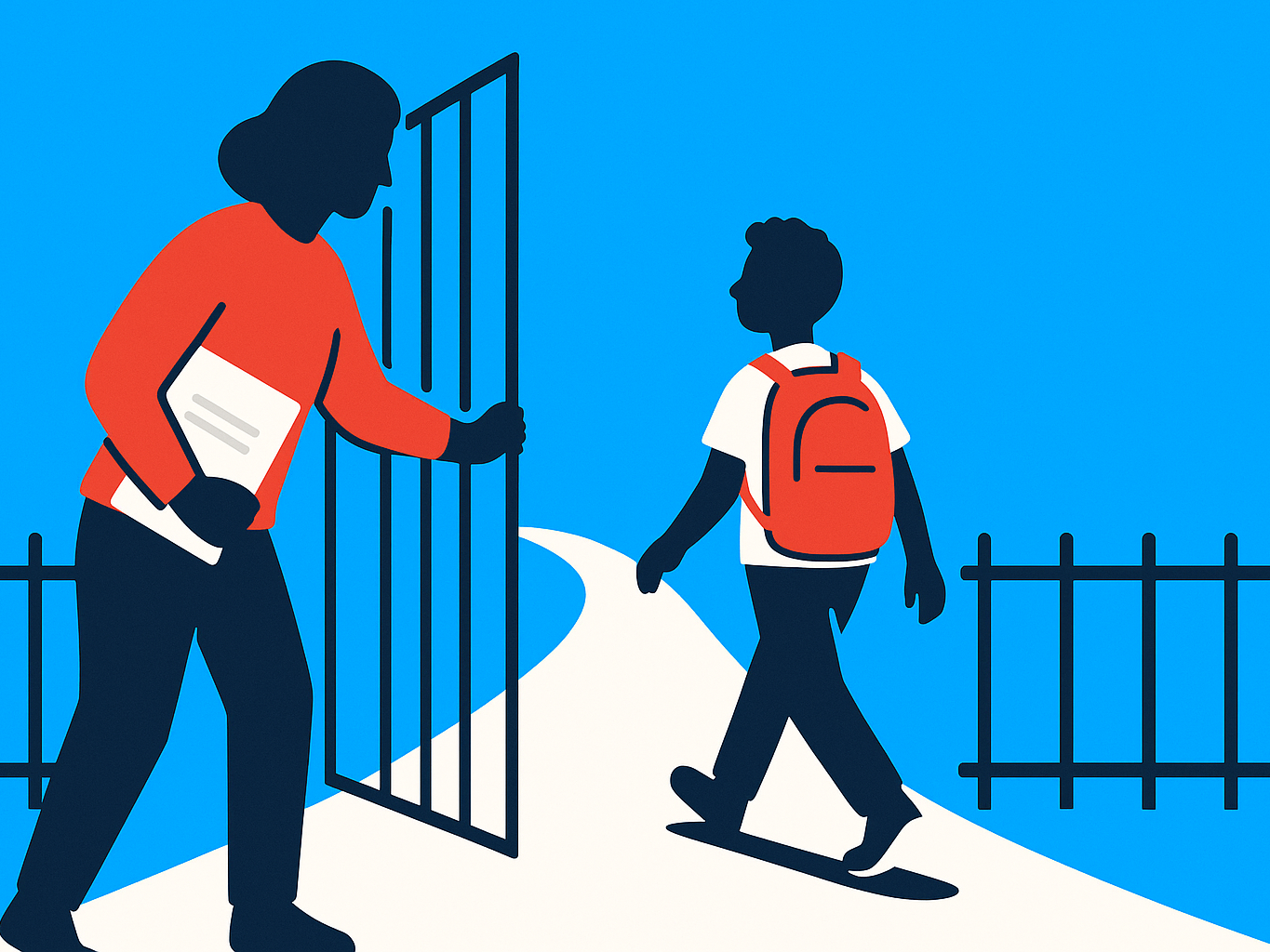 A teacher opens a gate as a student walks onto a path with a low fence on both sides.
