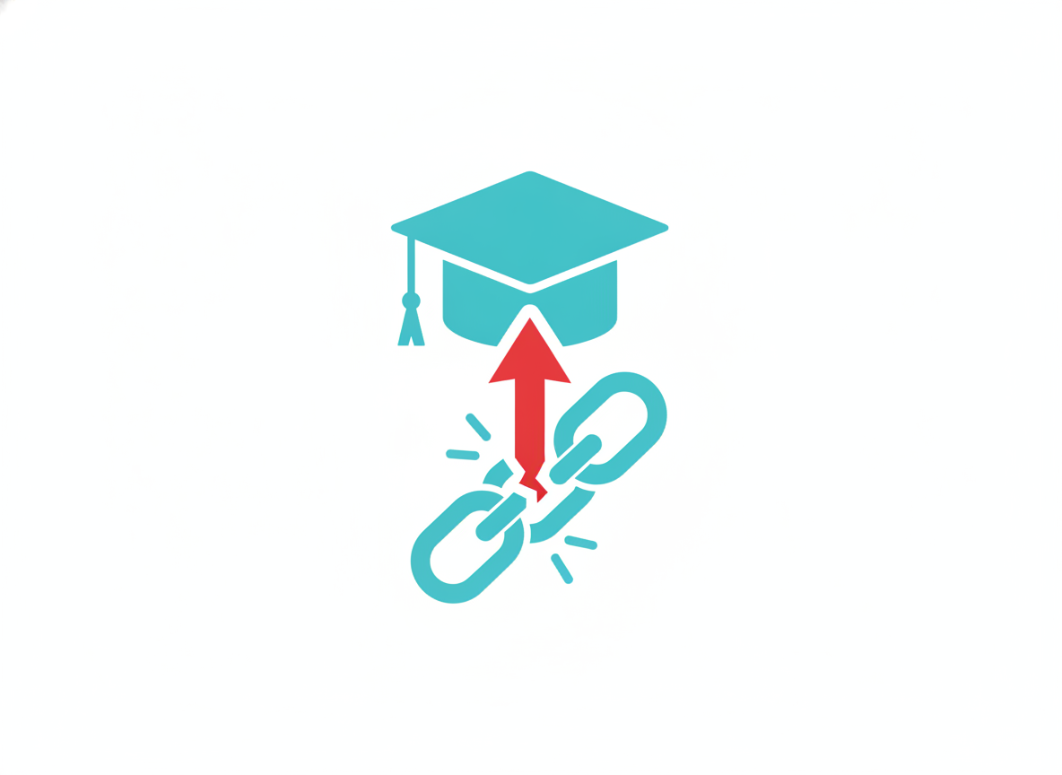 Stylized illustration of a graduation cap and a broken chain link connected by an arrow, representing the lifetime economic cost tied to student outcomes and dropout risk