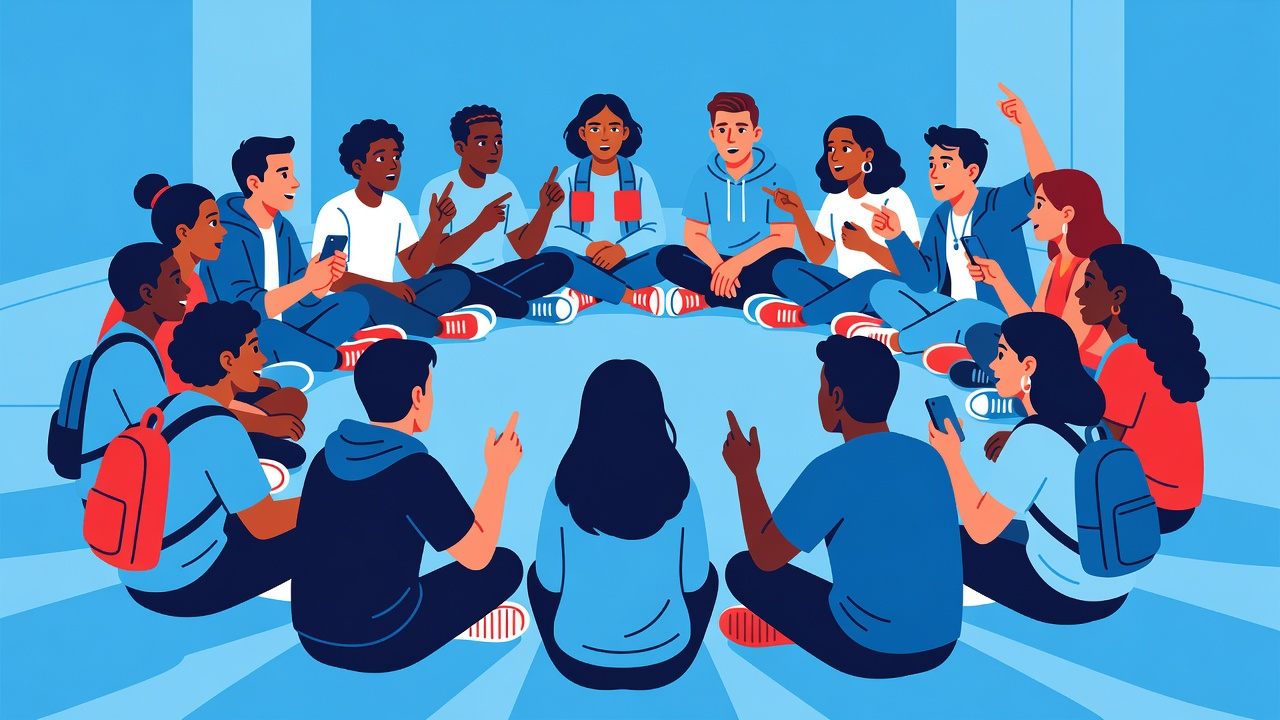 Diverse high school students seated in a circle discussion, all engaged with no phones visible.