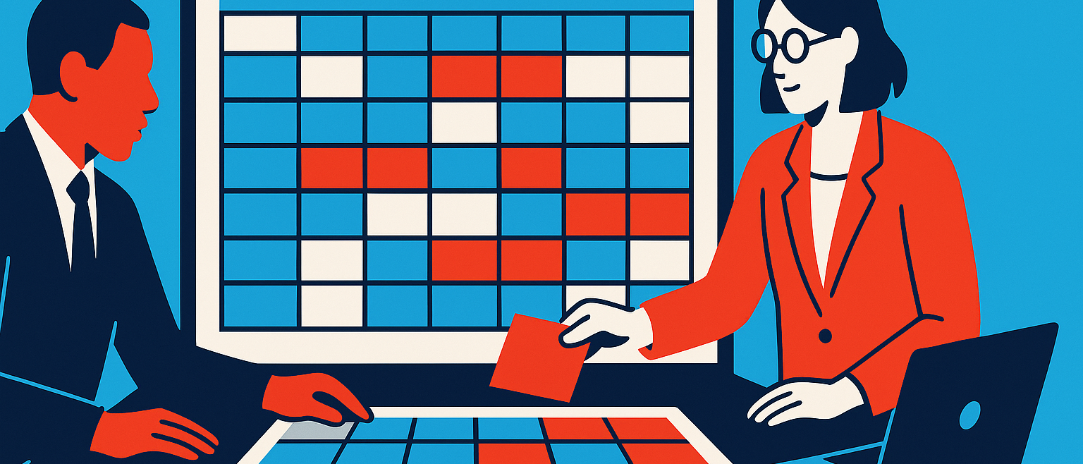 Two administrators assembling a school schedule grid at a table