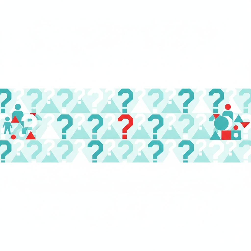A calm row of abstract question mark shapes in brand colors, a wide section break before the frequently asked questions.