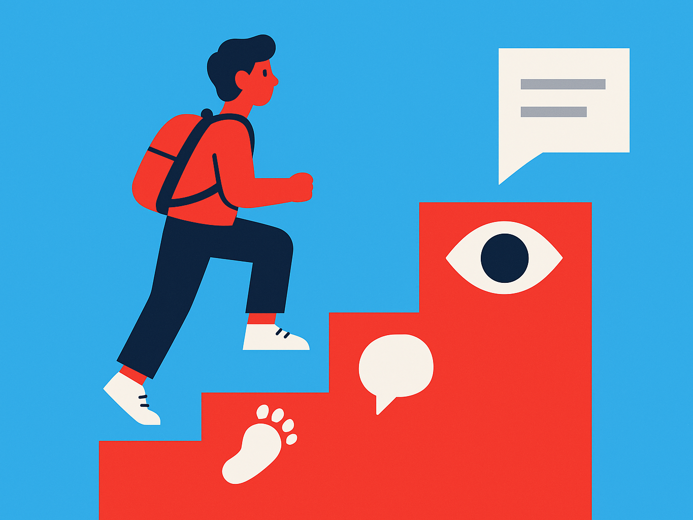 A student climbs three steps marked with an eye, a footprint, and a speech bubble.