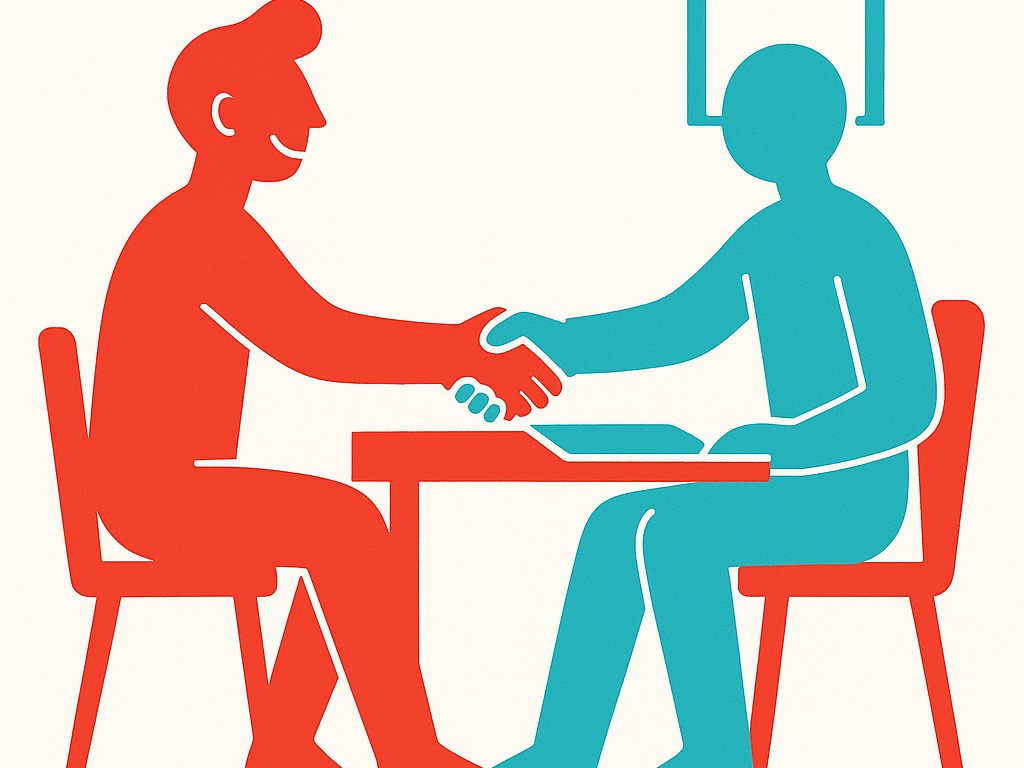 A stylized human figure confidently shaking hands with another figure across a desk in a simple interview setting, representing real-world interpersonal confidence built through practice.