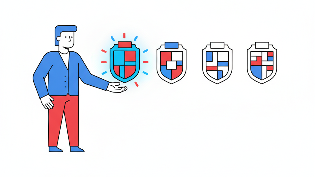 Stylized illustration of an administrator figure evaluating four floating checklist badge shapes, one glowing brightly to represent a clear evaluation standard, flat geometric illustration in brand colors