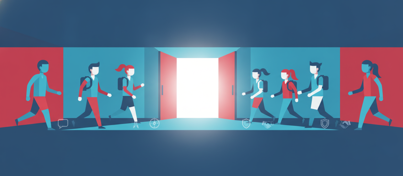 Stylized illustration of students walking confidently down a school hallway toward a bright open doorway, representing students equipped with the skills to show up and engage at school