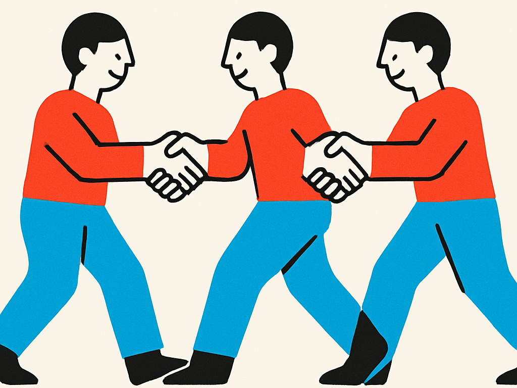Three simple stylized human figures shown mid-repetition practicing the same gesture in a looping sequence, representing repeated skill practice building a habit