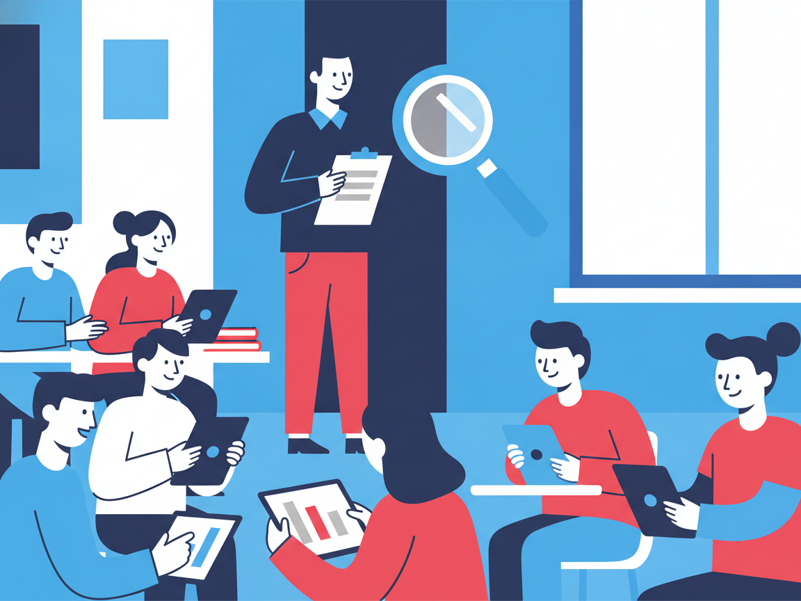 An administrator observes small group discussion from the back of a classroom.